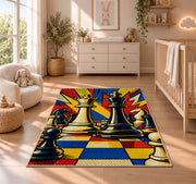 pop art chess king and queen rug in a nursery beside a crib and dresser