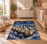 chessboard in the starry sky rug in a nursery beside a crib and dresser