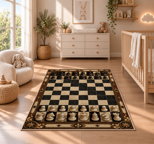 full chess set rug in a nursery beside a crib and dresser
