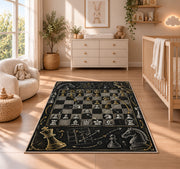 chalkboard chess strategy rug in a nursery beside a crib and dresser