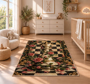 chess queen wrapped in roses rug in a nursery beside a crib and dresser