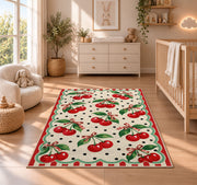 Retro Cherry Polka Dot Rug in a nursery beside a crib and dresser