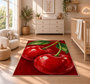 Giant Cherry Rug in a nursery beside a crib and dresser