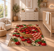 Cherry Basket Rug in a nursery beside a crib and dresser