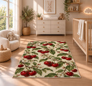 Vintage Botanical Cherry Rug in a nursery beside a crib and dresser