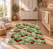 Cherry and Daisy Rug in a nursery beside a crib and dresser