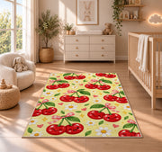 Kawaii Cherry Rug in a nursery beside a crib and dresser