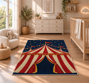 Vintage Circus Tent Rug in a nursery beside a crib and dresser
