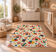 Circus Pattern Rug in a nursery beside a crib and dresser