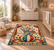 Circus Elephant Rug in a nursery beside a crib and dresser