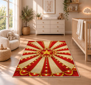 Circus Tent Ceiling Rug in a nursery beside a crib and dresser