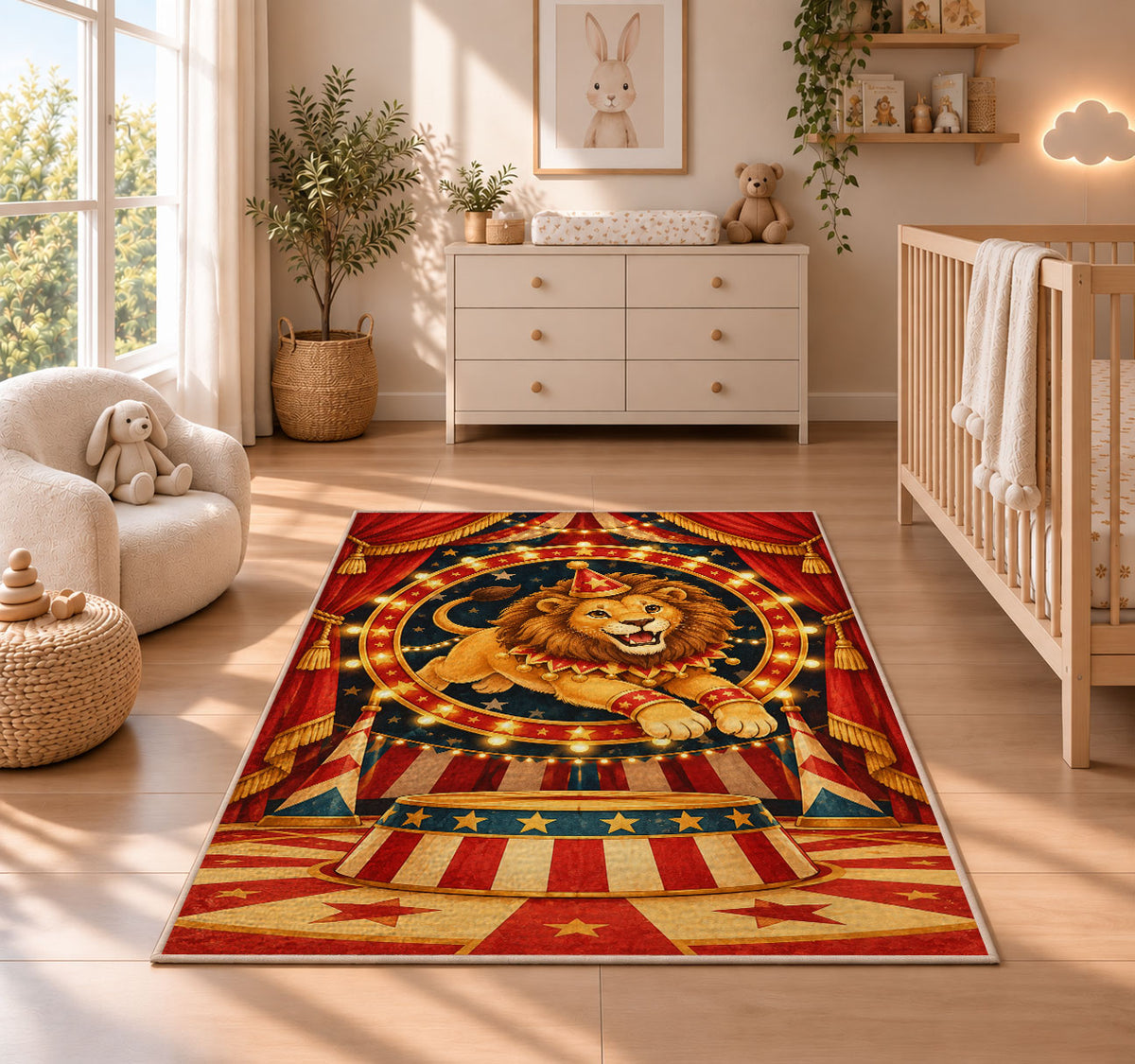 Circus Lion Rug in a nursery beside a crib and dresser