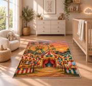 Carnival Ferris Wheel Rug in a nursery beside a crib and dresser