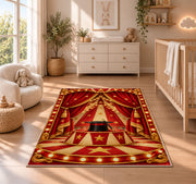 Circus Stage Rug in a nursery beside a crib and dresser