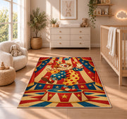 Vintage Clown Rug in a nursery beside a crib and dresser