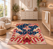 Circus Tightrope Rug in a nursery beside a crib and dresser