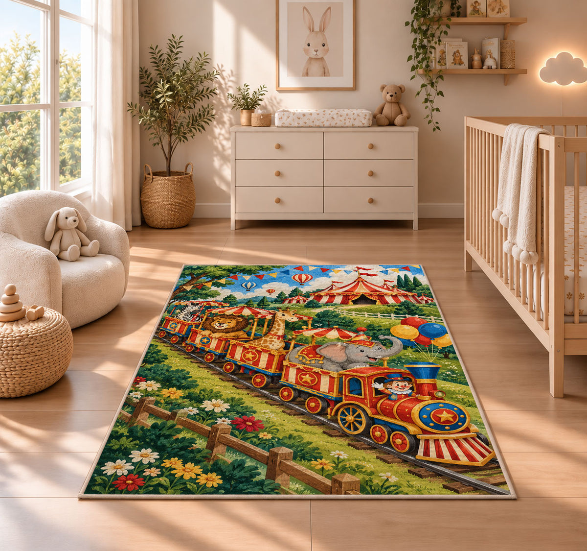 Circus Train Rug in a nursery beside a crib and dresser