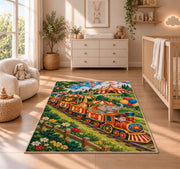 Circus Train Rug in a nursery beside a crib and dresser