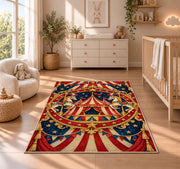 Vintage Circus Emblem Rug in a nursery beside a crib and dresser