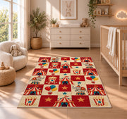 Checkered Circus Rug in a nursery beside a crib and dresser
