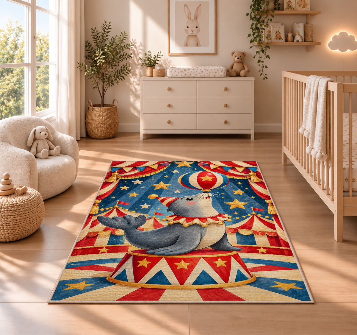 Circus Seal Rug in a nursery beside a crib and dresser