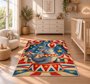 Circus Seal Rug in a nursery beside a crib and dresser