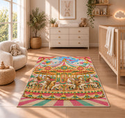 Carousel Rug in a nursery beside a crib and dresser