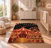 Carnival Night Rug in a nursery beside a crib and dresser