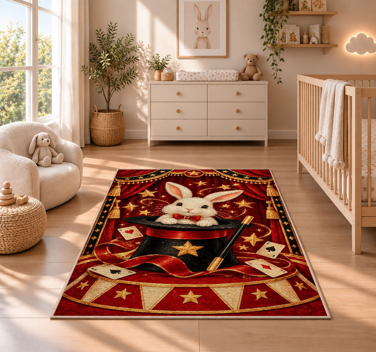 Magic Rabbit Rug in a nursery beside a crib and dresser