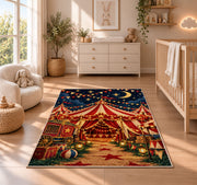 Circus Tent at Night Rug in a nursery beside a crib and dresser