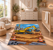 Yellow Excavator Rug in a nursery beside a crib and dresser
