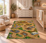 Construction Site Play Mat Rug in a nursery beside a crib and dresser