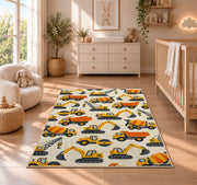 Construction Vehicles Pattern Rug in a nursery beside a crib and dresser