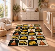 Retro Checkered Construction Rug in a nursery beside a crib and dresser