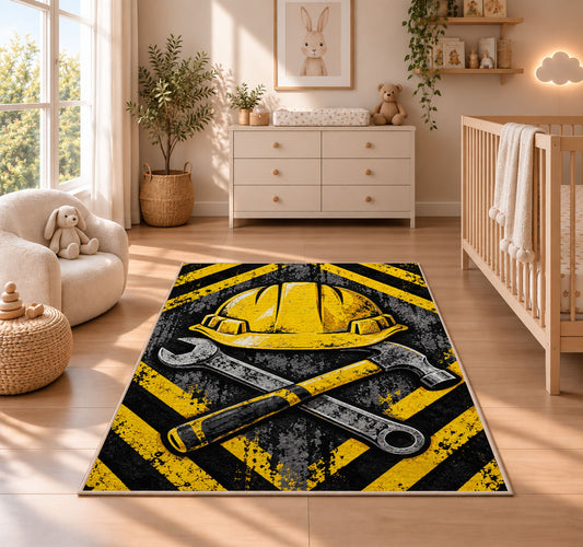 Hard Hat and Tools Rug in a nursery beside a crib and dresser