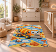 Cute Cement Mixer Rug in a nursery beside a crib and dresser