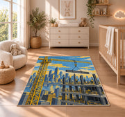 Tower Crane City Rug in a nursery beside a crib and dresser