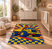 Pop Art Dump Truck Rug in a nursery beside a crib and dresser