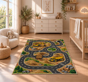 Construction Race Track Rug in a nursery beside a crib and dresser