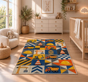 Construction Patchwork Rug in a nursery beside a crib and dresser
