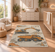 Minimalist Excavator Line Art Rug in a nursery beside a crib and dresser