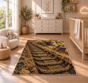 Excavator Tracks Rug in a nursery beside a crib and dresser