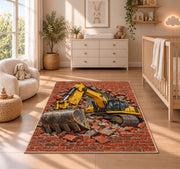 Excavator Brick Wall Rug in a nursery beside a crib and dresser