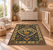 Persian Style Construction Rug in a nursery beside a crib and dresser