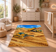 Bulldozer Dump Truck Rug in a nursery beside a crib and dresser