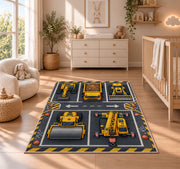 Construction Vehicle Parking Rug in a nursery beside a crib and dresser