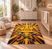 Hard Hat Sunburst Rug in a nursery beside a crib and dresser