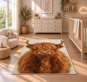 Highland Cow Portrait Rug in a nursery beside a crib and dresser