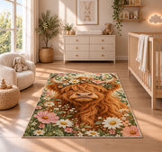 Highland Cow Flower Crown Rug in a nursery beside a crib and dresser