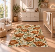 Highland Cow Pattern Rug in a nursery beside a crib and dresser